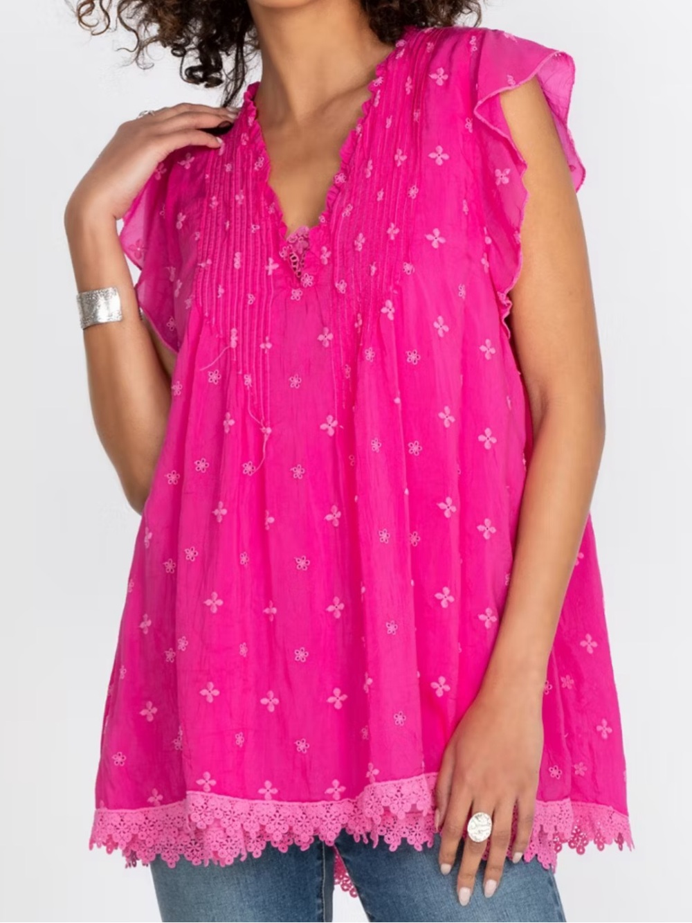 Johnny Was Women L Paradise Pink Floral Embroidered Boho Anthena Tunic Blouse